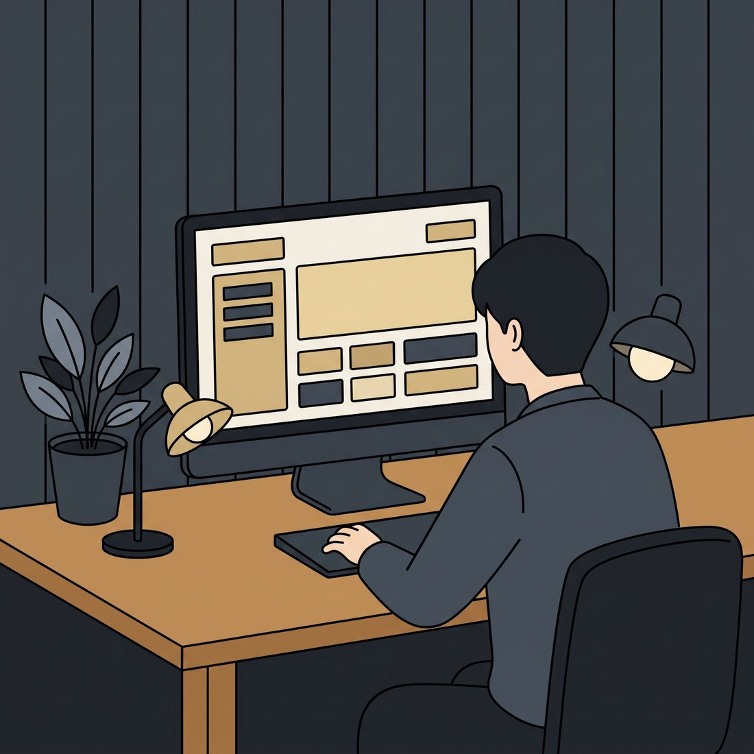 관리사무소 일러스트 — 화면 앞의 담당자